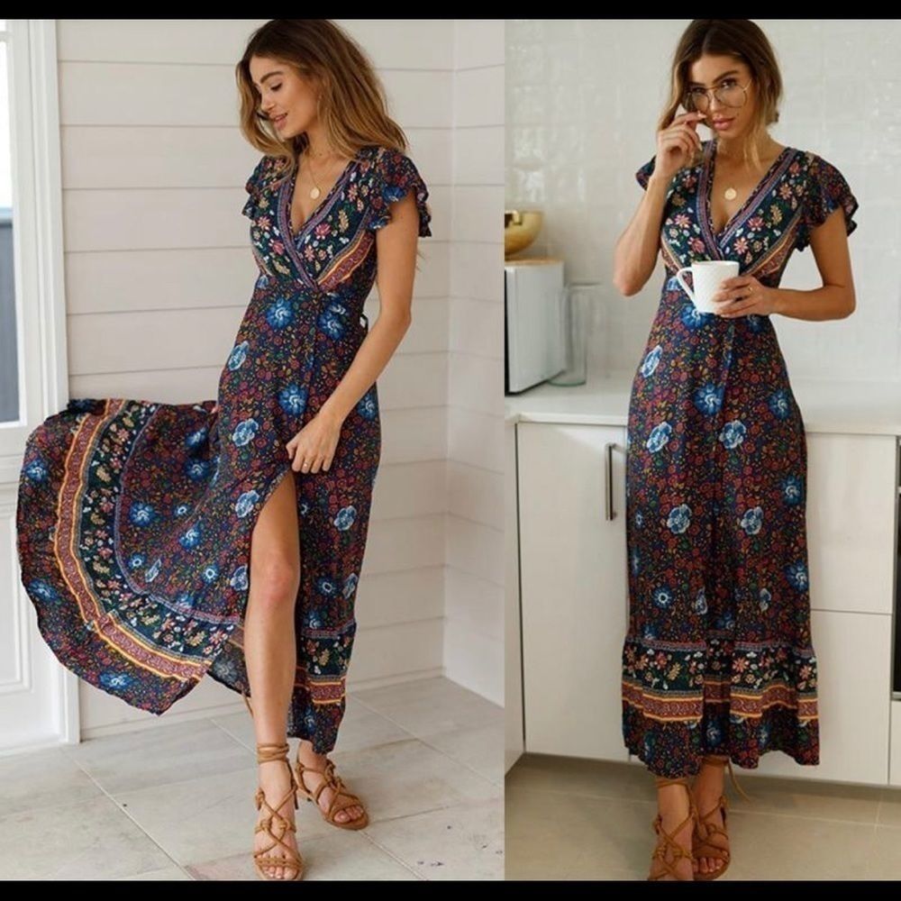 Bohemian Floral Tribal Print Maxi Ankle Dress ~ Beautiful Vivid Colors!